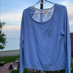 VS PINK lace-back relaxed fit blue crewneck top